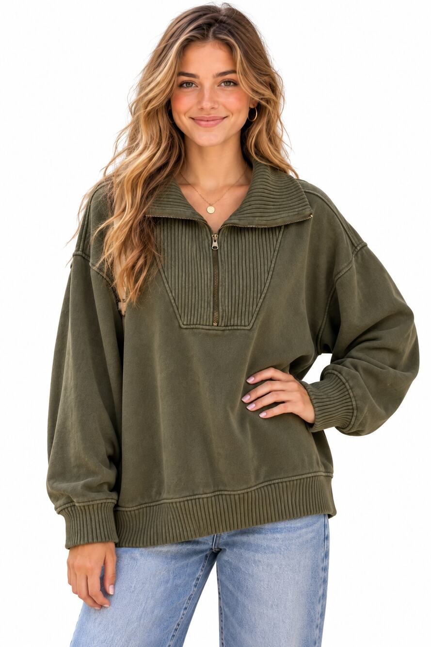 Aerie 1/4 Zip Pullover Womens Large Olive Green Oversized Athleisure Sweatshirt